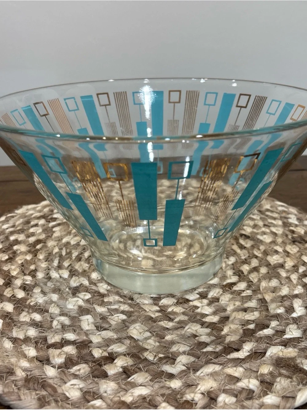 Anchor Hocking Mid-Century Modern Turquoise & Gold Glass Bowl
